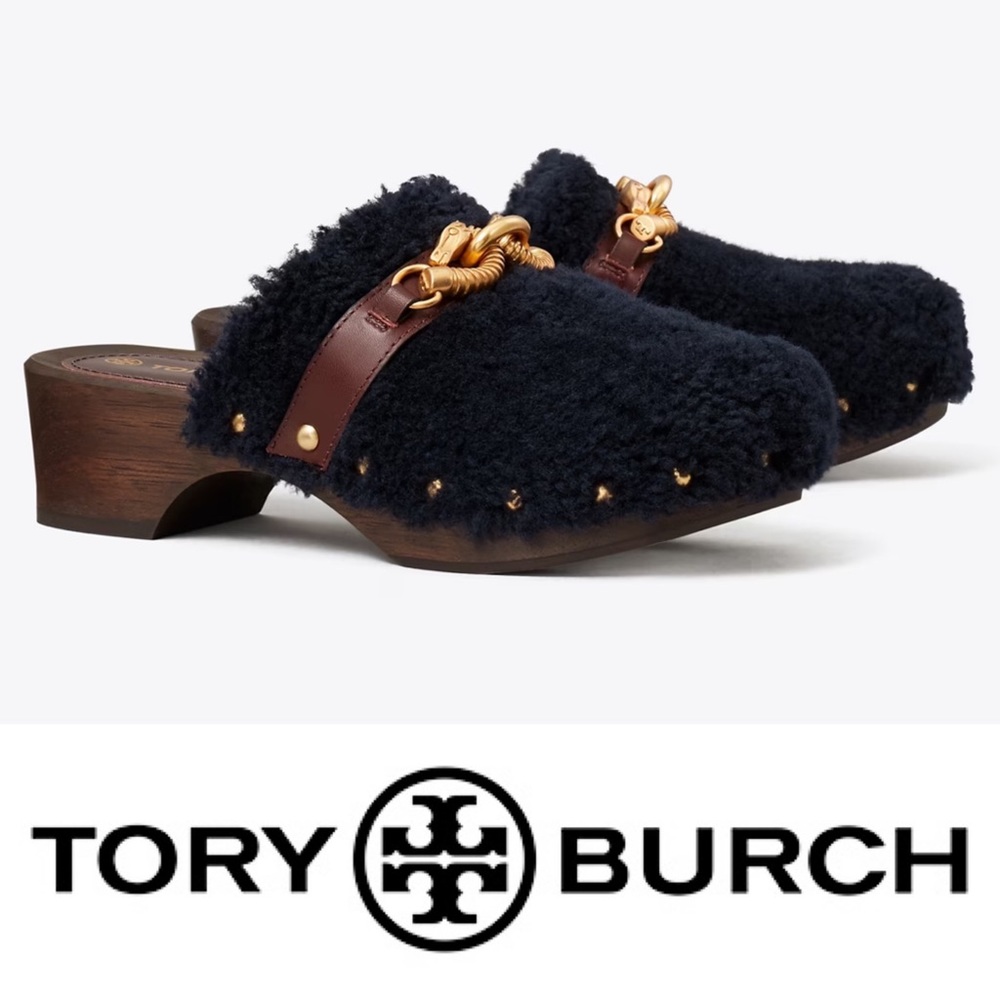 Tory Burch • Jessa Shearling Wood Clogs • Black Shearling with Gold Hardware